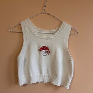 White Knit Tank Top with Red Mushroom Embroidery
